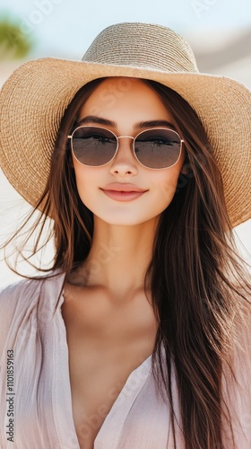 Woman wearing sunglasses and straw hat enjoying ocean view on a sunny day