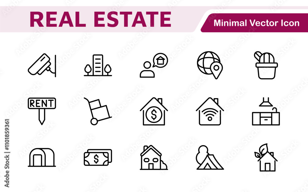 Fototapeta premium Real Estate Icon Set. A comprehensive collection of stylish and professional icons designed for the real estate industry, perfect for enhancing property listings, websites, and marketing materials.