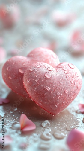 Delicate pink hearts on a soft surface surrounded by scattered petals