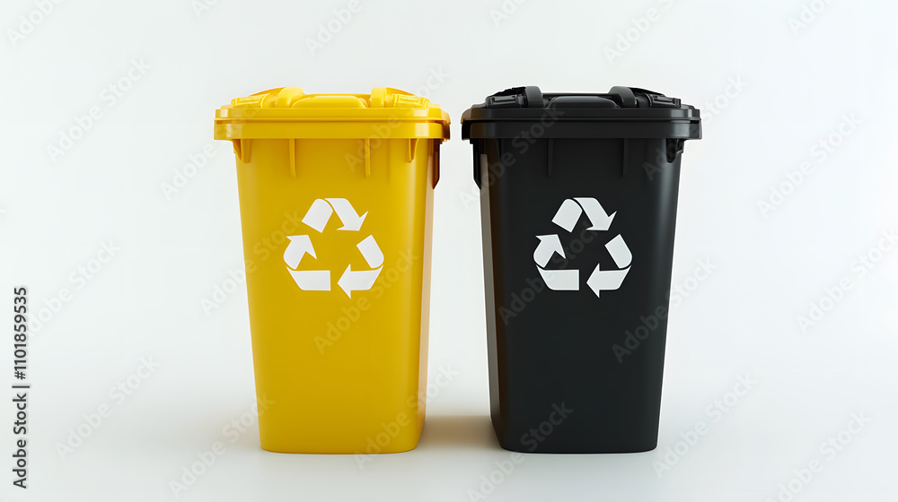Recycling bins in yellow and black colors with clear labels for waste separation. These bins promote environmental awareness and proper recycling practices Recycling bins in yellow and black colors with clear labels for waste separation. These bins promote environmental awareness and proper recycling practices