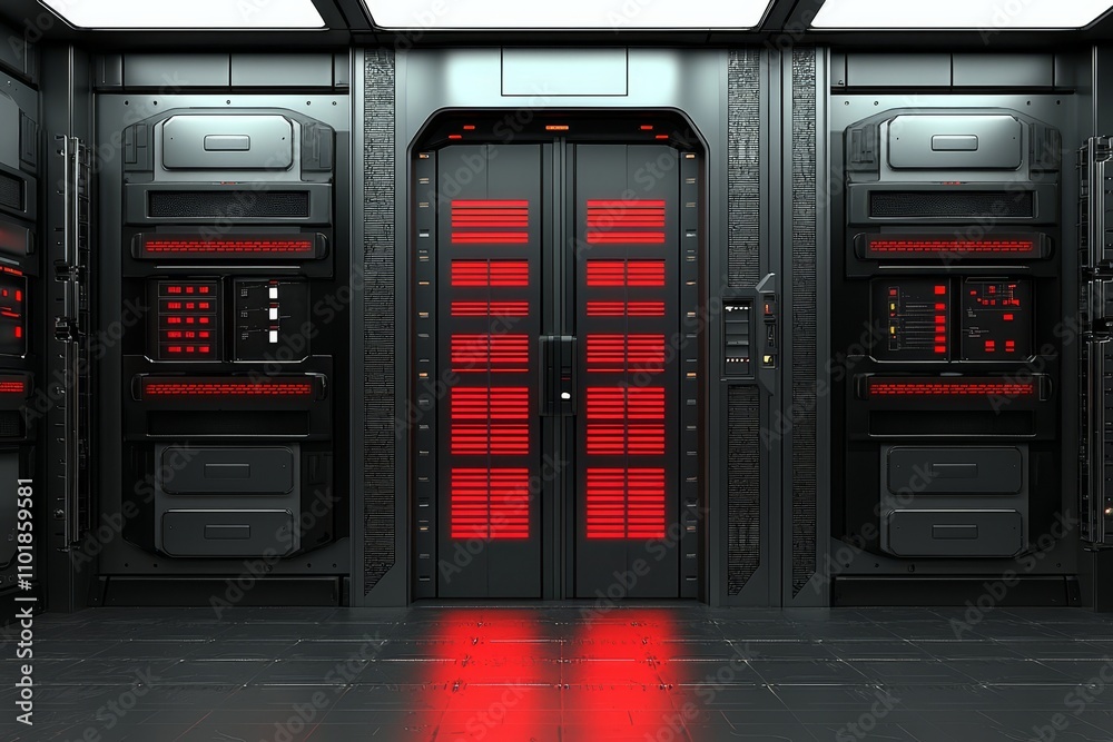 The entrance to this top-secret extraterrestrial research facility is fortified with blast doors and biometric scanners, giving off a biopunk energy and activity The entrance to this top-secret extraterrestrial research facility is fortified with blast doors and biometric scanners, giving off a biopunk energy and activity