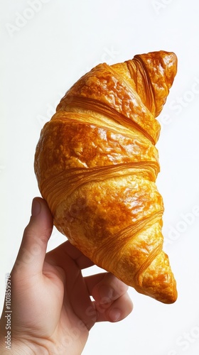 Hand holding a freshly baked croissant with golden layers in a minimalistic s...