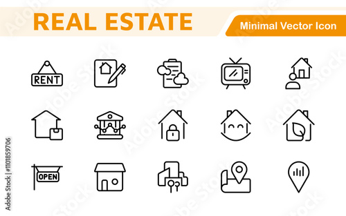 Real Estate Icon Set. A comprehensive collection of stylish and professional icons designed for the real estate industry, perfect for enhancing property listings, websites, and marketing materials.