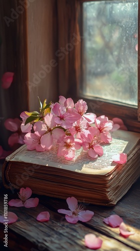 Blossoming flowers resting on an open book by a sunny window at morning