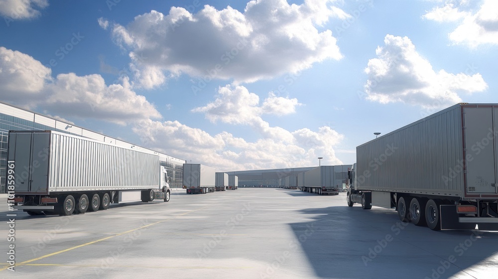 Semi Trucks Parked In A Large Distribution Center Yard Semi Trucks Parked In A Large Distribution Center Yard