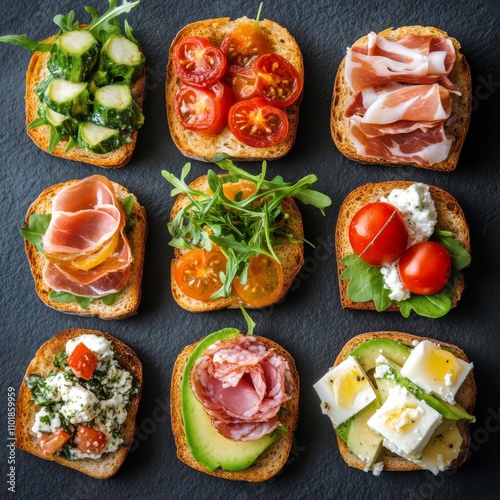 Assorted bruschetta with fresh toppings on toasted bread arranged on a dark s...