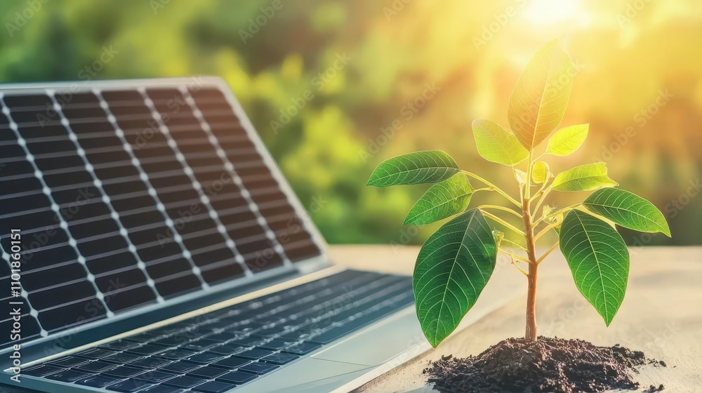 Fototapeta premium Businessman analyzing solar energy stock performance on a laptop, dividend focus