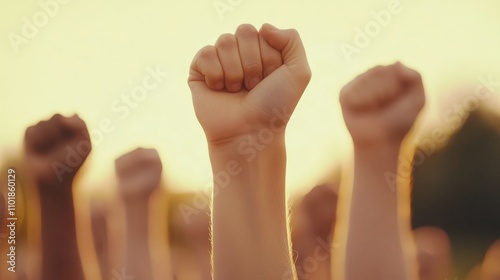 Fists raised in solidarity during a community gathering at sunset