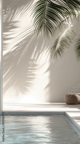 Reflections of palm shadows on tranquil water in an elegant outdoor setting