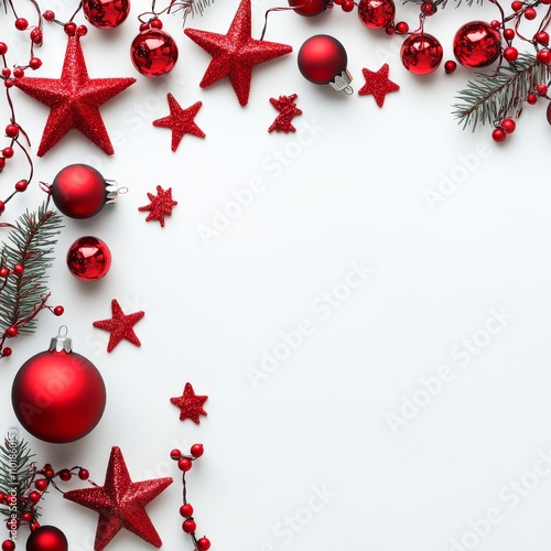 Red star and ball garland displayed on a white surface for festive decoration