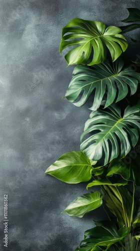 Lush green monstera leaves contrasting with textured gray background for deco...