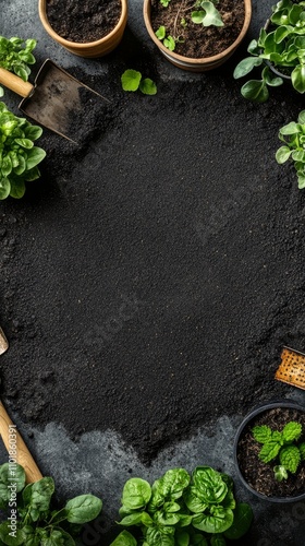 Gardening setup with fresh soil and potted plants arranged for cultivation