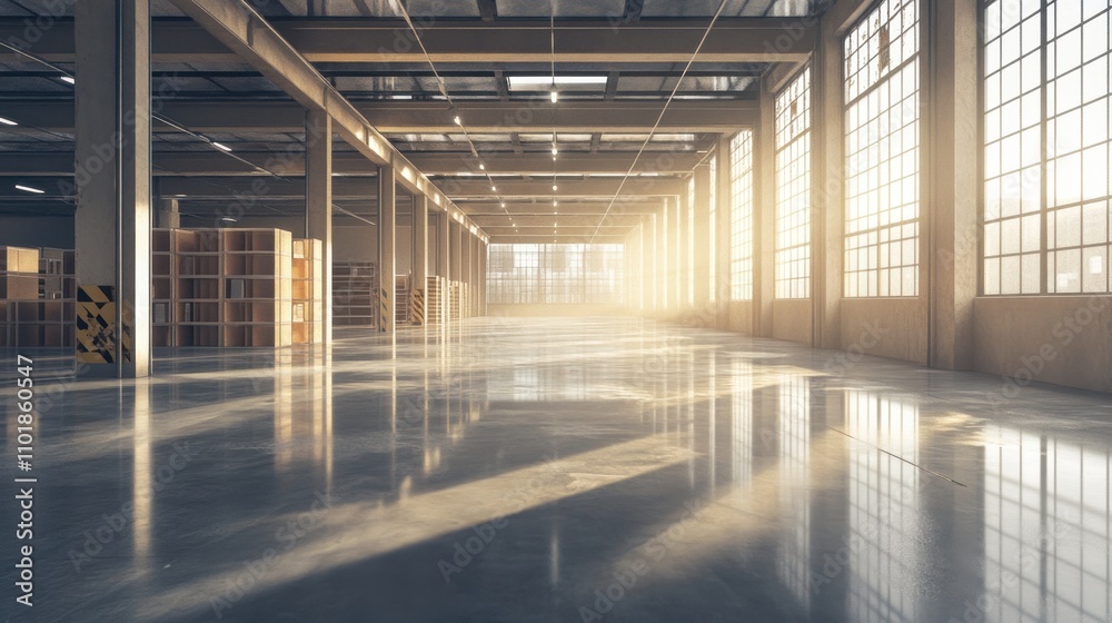 A vast industrial warehouse with glass floors and modern organization, bathed in soft light highlighting clean storage spaces A vast industrial warehouse with glass floors and modern organization, bathed in soft light highlighting clean storage spaces