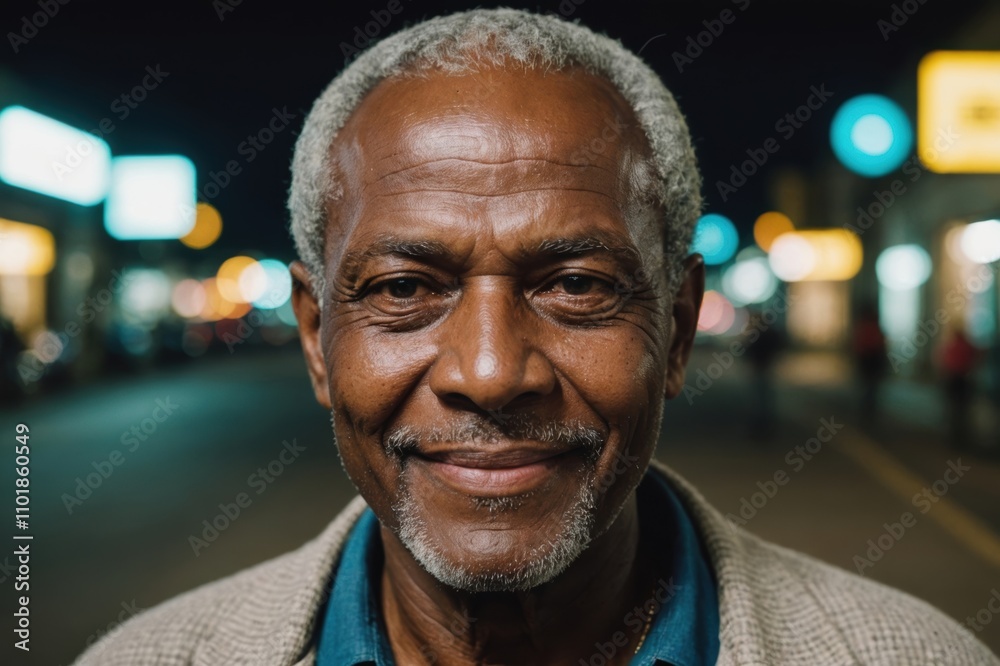 Close portrait of a smiling senior Surinamese man looking at the camera, Surinamese city outdoors at night blurred background Close portrait of a smiling senior Surinamese man looking at the camera, Surinamese city outdoors at night blurred background