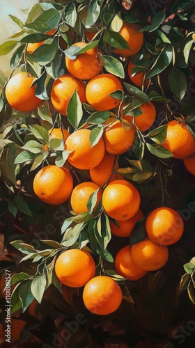 Fresh oranges hanging from vibrant green leaves in sunny orchard environment