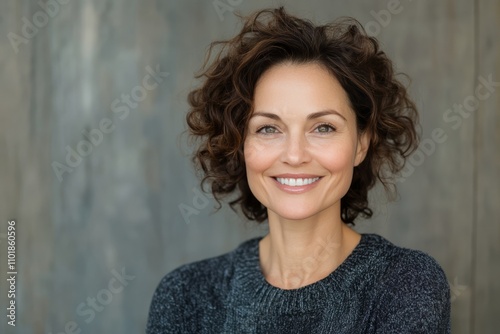 Smiling woman with curly hair poses against a wooden backdrop in natural light