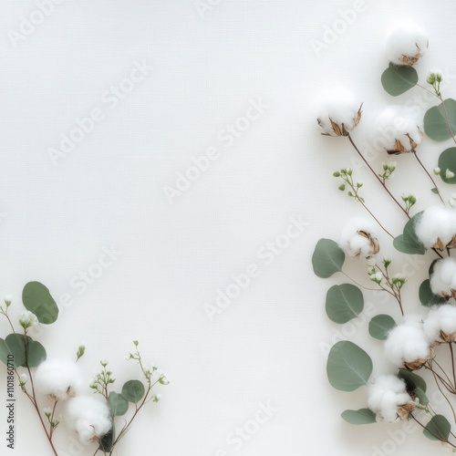 Soft cotton branches and eucalyptus leaves arranged on a light background for...