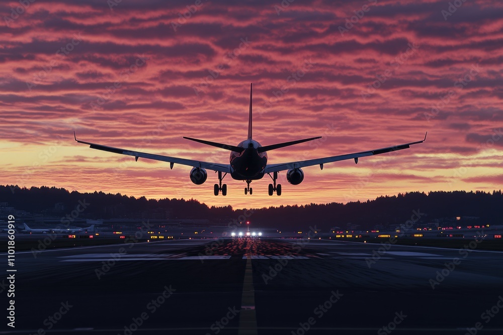 Large commercial airliner on the runway at sunset, preparing for takeoff Large commercial airliner on the runway at sunset, preparing for takeoff