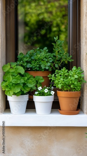 Colorful flowers adorn a window sill in a peaceful urban setting during the d...