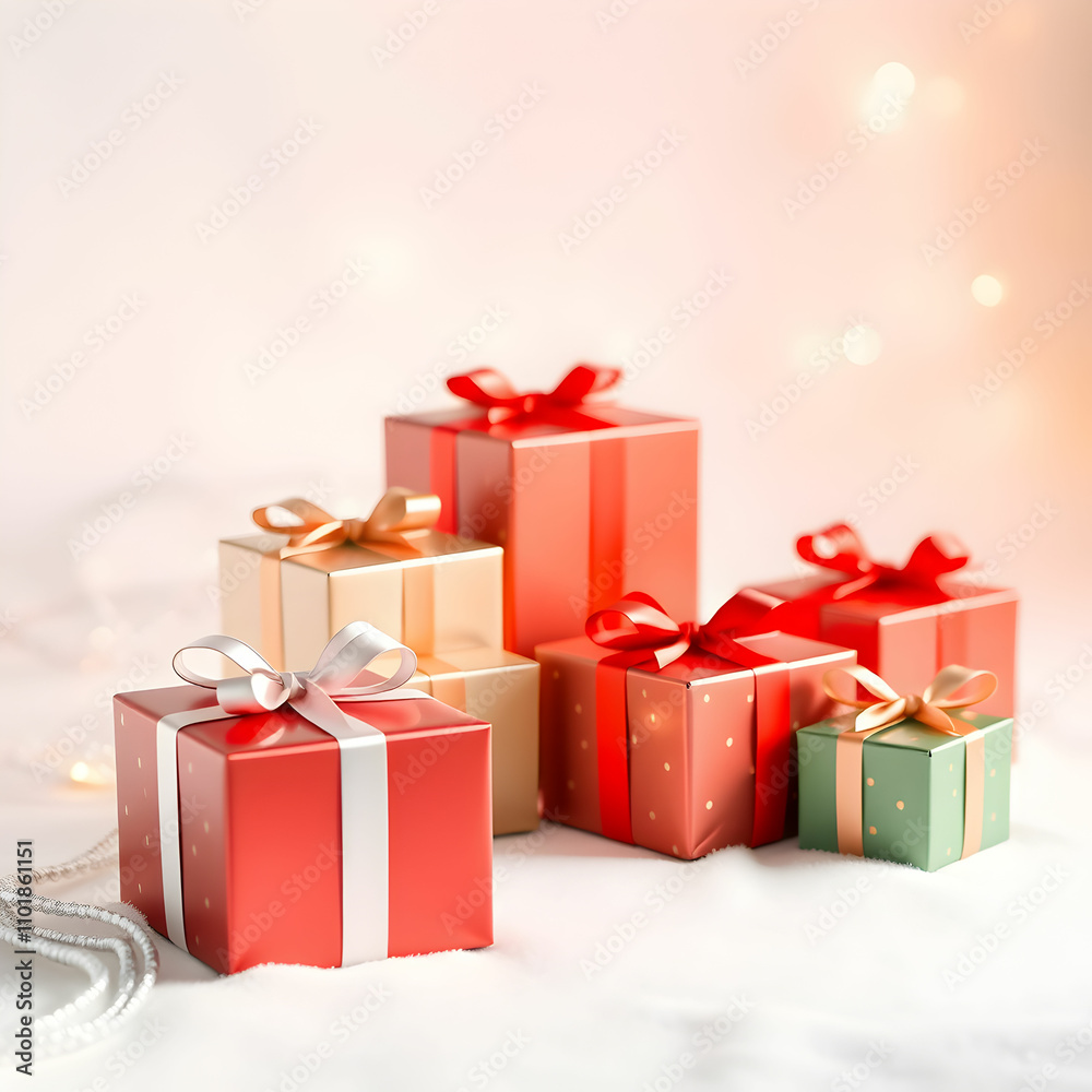 Fototapeta premium Christmas gift boxes with shiny white background