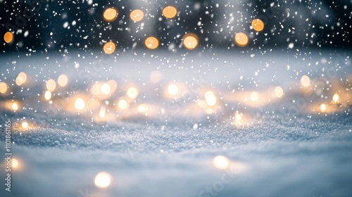 Beautiful winter scene with snow, lights, and evergreen branches creating a c...