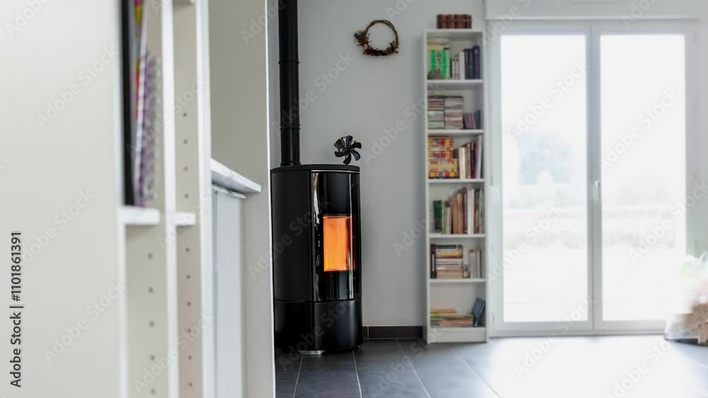 Timelapse of a pellet stove in a living room with bookcase and heat diffuser