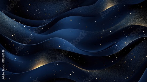 Abstract navy blue background with smooth curves and shimmering gold dots, exuding sophistication and grace