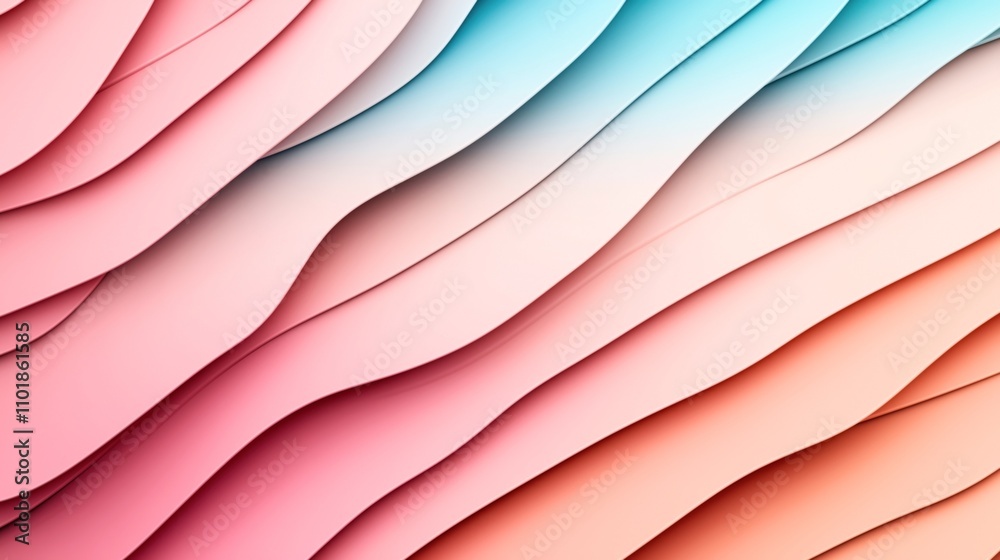 Obraz premium Abstract image featuring overlapping curved layers in pastel colors, mainly pink, orange, and blue, creating a wavy pattern with a gradient effect.