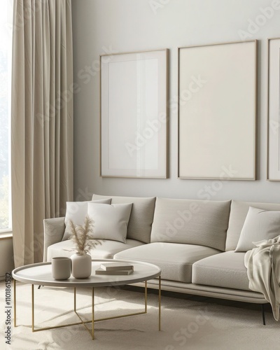 Minimalist living room interior with a white sofa. wooden coffee table. and three empty picture frames on the wall photo