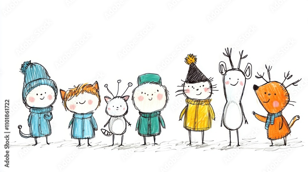 Cute hand-drawn winter characters featuring children and animals in cozy attire with playful expressions Cute hand-drawn winter characters featuring children and animals in cozy attire with playful expressions