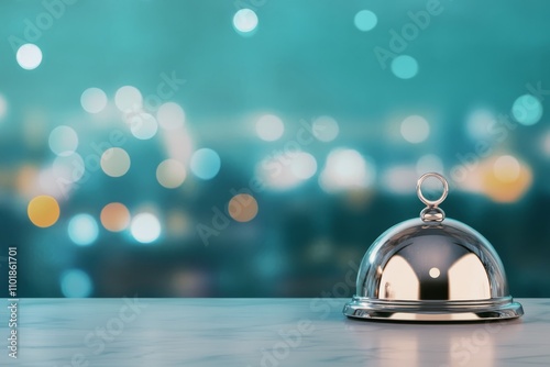 Elegant service bell on a counter with sparkling bokeh lights in the background