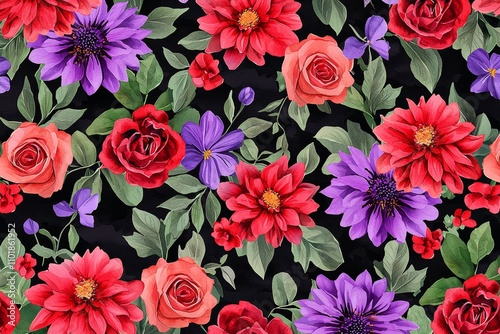 On a black background, a dark botanical arrangement of red and purple flowers, green leaves, and leaves with purple centers