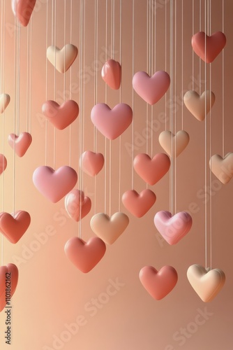 Hanging hearts create a romantic atmosphere in soft pastel tones and warm light