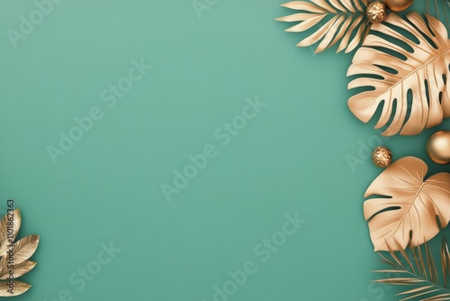 Background featuring green wall with tropical leaves and a decorative item