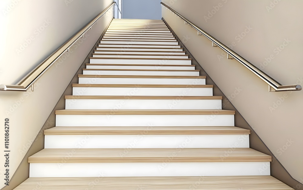 A modern staircase leading upward, featuring wooden steps and a sleek railing. A modern staircase leading upward, featuring wooden steps and a sleek railing.