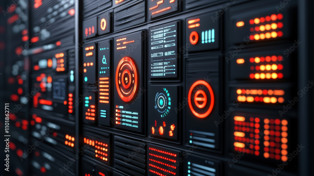 A futuristic digital interface featuring glowing panels with various data displays, charts, and indicators in red and blue on a dark background. A futuristic digital interface featuring glowing panels with various data displays, charts, and indicators in red and blue on a dark background.