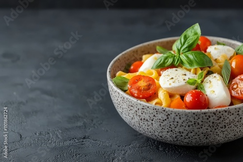 Delicious pasta salad with fresh mozzarella, cherry tomatoes, and basil