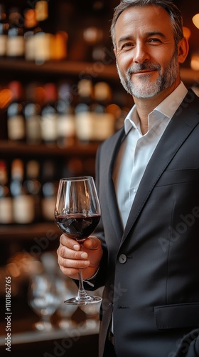 Elegant gentleman in formal attire holding a glass of red wine with soft ligh...