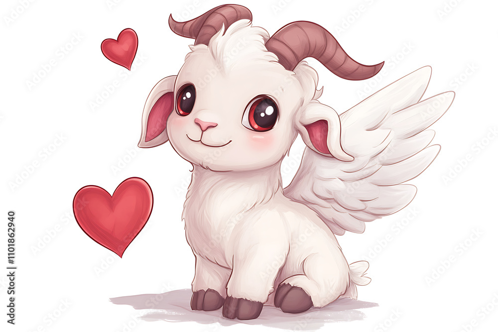 A cute, cartoonish goat with wings and hearts, symbolizing love and whimsy. A cute, cartoonish goat with wings and hearts, symbolizing love and whimsy.
