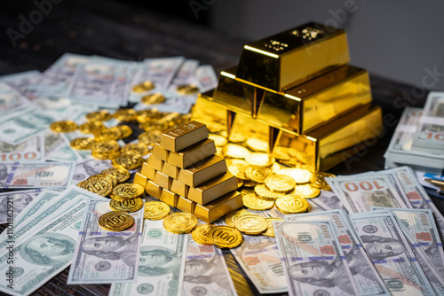 Gold bar stock photo, picture and photo on black table at night.