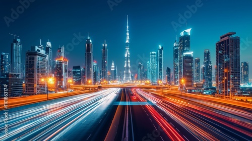 A vibrant night view of a modern city skyline with illuminated skyscrapers, featuring a prominent tower and light trails from moving vehicles.