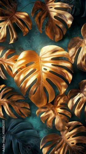Golden monstera leaves create a striking visual contrast against a dark backg...