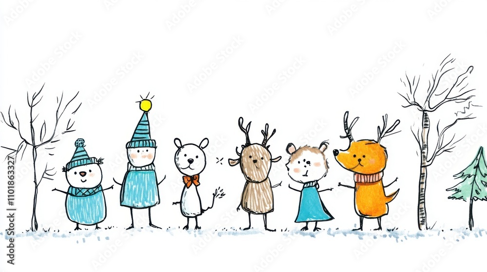 Cute Winter Characters with Animals Celebrating in a Snowy Landscape with Trees and Snowflakes Cute Winter Characters with Animals Celebrating in a Snowy Landscape with Trees and Snowflakes