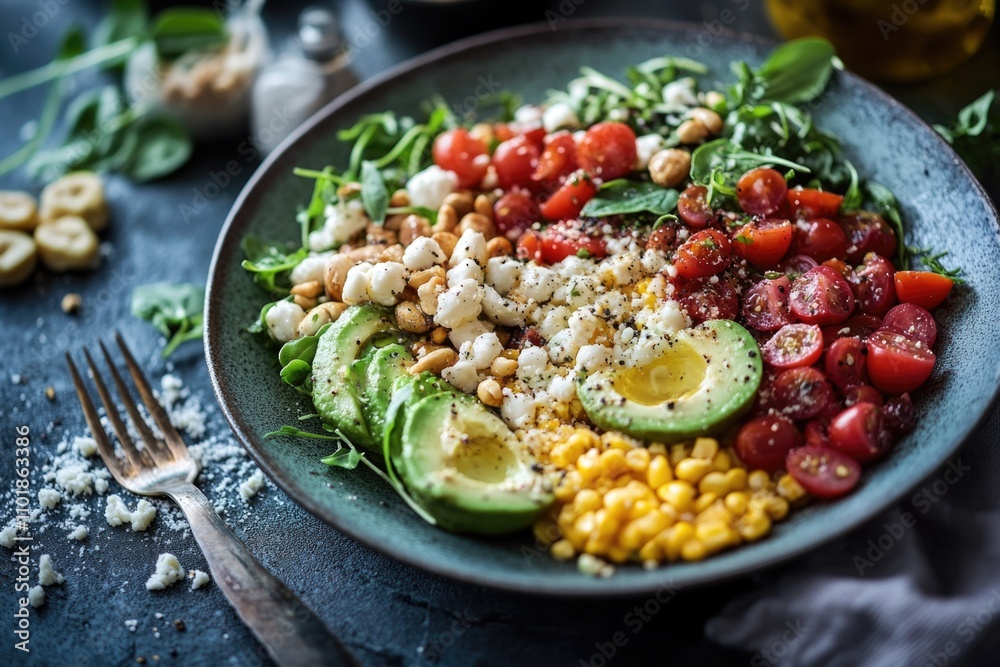 A colorful plate of fresh vegetables including avocado, tomatoes, corn, and cheese A colorful plate of fresh vegetables including avocado, tomatoes, corn, and cheese