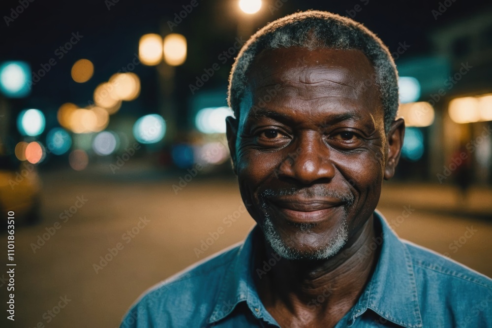 Obraz premium Close portrait of a smiling senior Togolese man looking at the camera, Togolese city outdoors at night blurred background