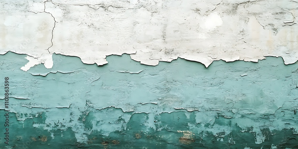 Obraz premium Peeling paint on a wall, showing teal and white layers.