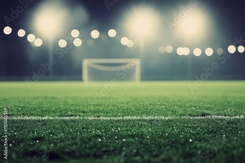 Nighttime sports field with illuminated background and dew covered grass