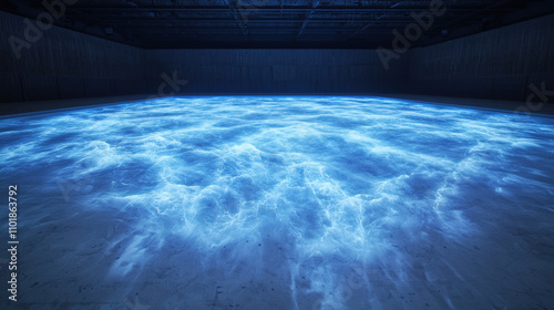 mesmerizing digital ice rink with glowing blue water effects creates immersive atmosphere. vibrant colors and fluid motion evoke sense of tranquility and wonder