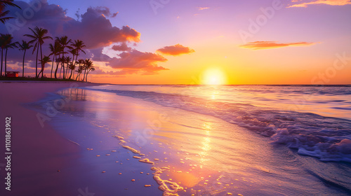 Sunset Serenity: A Tranquil Beach Scene with Golden Reflections, Silhouetted Palm Trees, and Vibrant Sky
