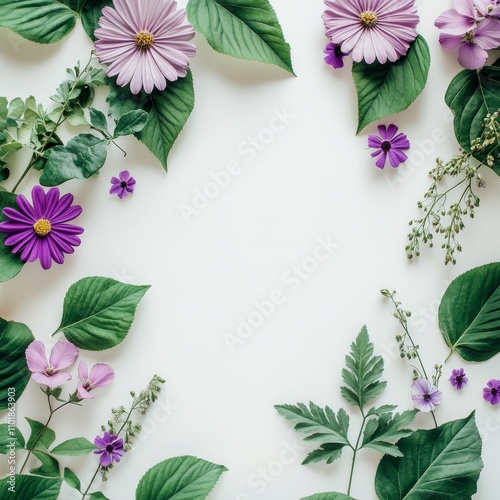 Leafy arrangement with purple flowers creating a natural frame on a white bac...